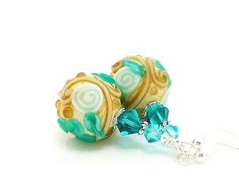 Teal Blue & Ivory Floral Earrings, Lampwork Earrings, Glass Earrings, Beadwork Earrings, Lampwork Jewelry, Glass Bead Earrings