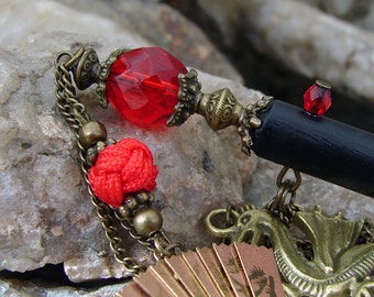Dragon Hair Stick Ornate Red, Antique Bronze Folding Fan Dangle Geisha Hairsticks Kanzashi Hair Pins Hair Chopsticks - Akane