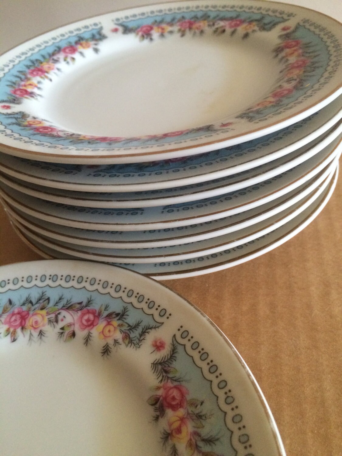 blue and white China Dessert Plates Set of 8 Made in Taiwan Shabby Chic