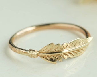 14k Gold Feather Ring, Gold Feather Ring, Stacking Ring