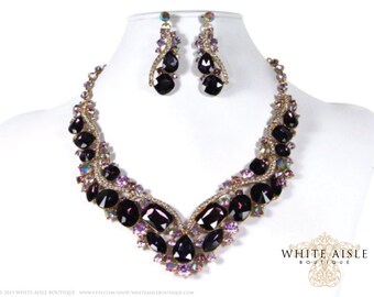 Purple Bridal Necklace, Wedding Jewelry Set, Crystal Bridal Statement Necklace Earrings, Bridal Earrings, Vintage Style