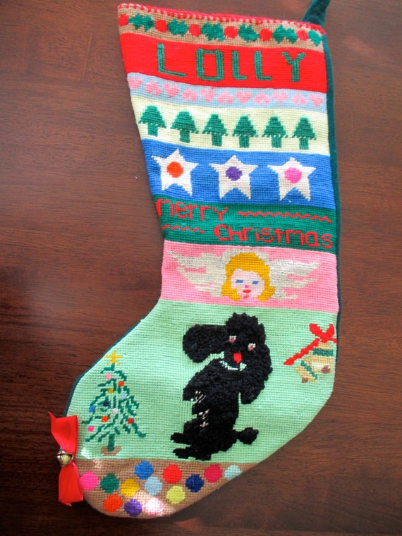 Vintage Needlepoint CHRISTMAS STOCKING Lolly poodle angel
