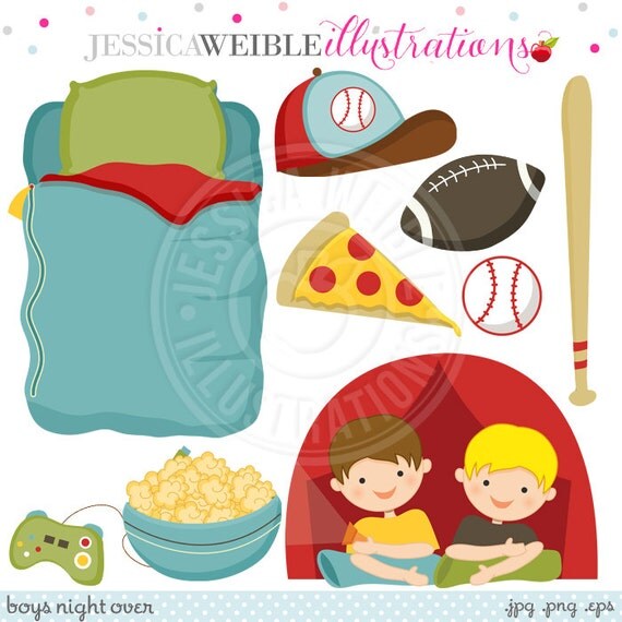 Boys Night Over Cute Digital Clipart - Commercial Use OK - Boys Camping Out Clipart, Sleeping Bag, Tent Il_570xn