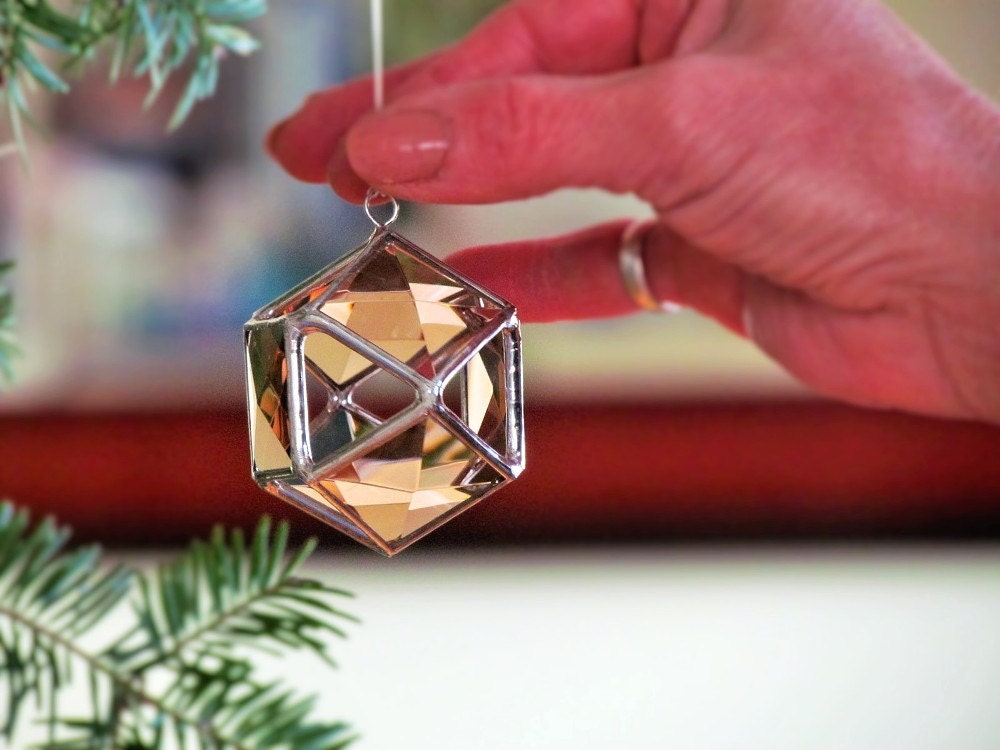 Christmas Tree Ornament, Peach Champagne Glass Crystal Geometric Christmas Ball Decoration, 3D Stained Glass Globe Suncatcher