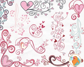 Heart Flourish Clip Art, Valentine Heart ClipArt, Wedding Digital Graphics, Swirl Design Ornaments, Pink & Red Heart Doodles, Love