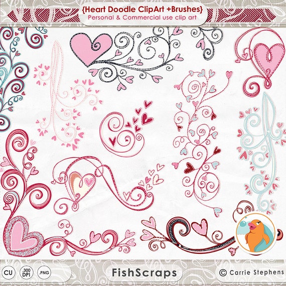 Heart Flourish Clip Art, Valentine Heart ClipArt, Wedding Digital Graphics, Swirl Design Ornaments, Pink & Red Heart Doodles, Love Il_570xn