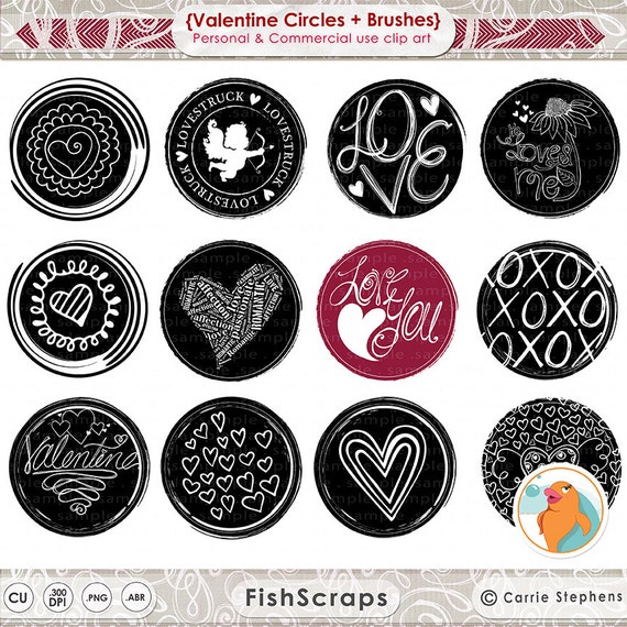 Valentine Circle Clip Art - 3 inch Round Images - Circle Digital Stamps - Photoshop Brushes + PNG - Love - Kisses - Hearts Il_570xn