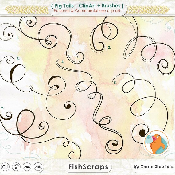 Digital Swirl ClipArt, Pig Tail Curls, Curlicues, Curlycue Doodle Graphics, PNG ClipArt & Brush, Wedding Invitation Design Resource Il_570xn
