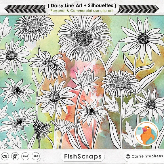 Daisy Clip Art, Cone Flower PhotoShop Brush, Daisies Line Art Stamps for Card making, Wedding Invitations, PNG Floral Line Art Il_570xn