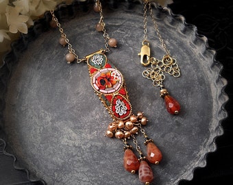 Mosaic Garden Necklace, Romantic Red Orange Teal Vintage Italian Micromosaic Gemstone Pendant Necklace, Festival Jewelry, Bohemian Wedding