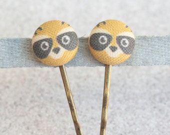 Racoons Fabric Covered Button Bobby Pin Pair