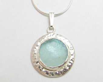 925 Silver Aqua Roman Glass Pendant Necklace