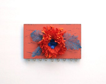 Earring display - Orange Flower, Blue Leaves - repurposed from scrap wood