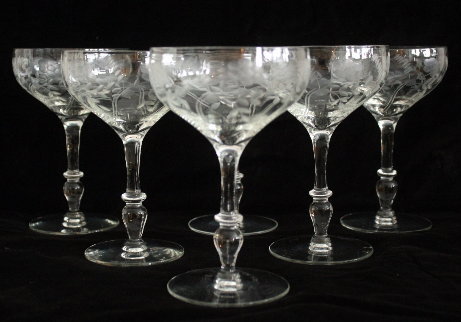 6 Antique Etched Paneled Elegant Crystal Stemware Wine Glasses