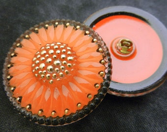 Czech Glass Buttons Bright Tangerine Orange Gold Sunburst Sewing Knitting Crochet Shank Button Supplies
