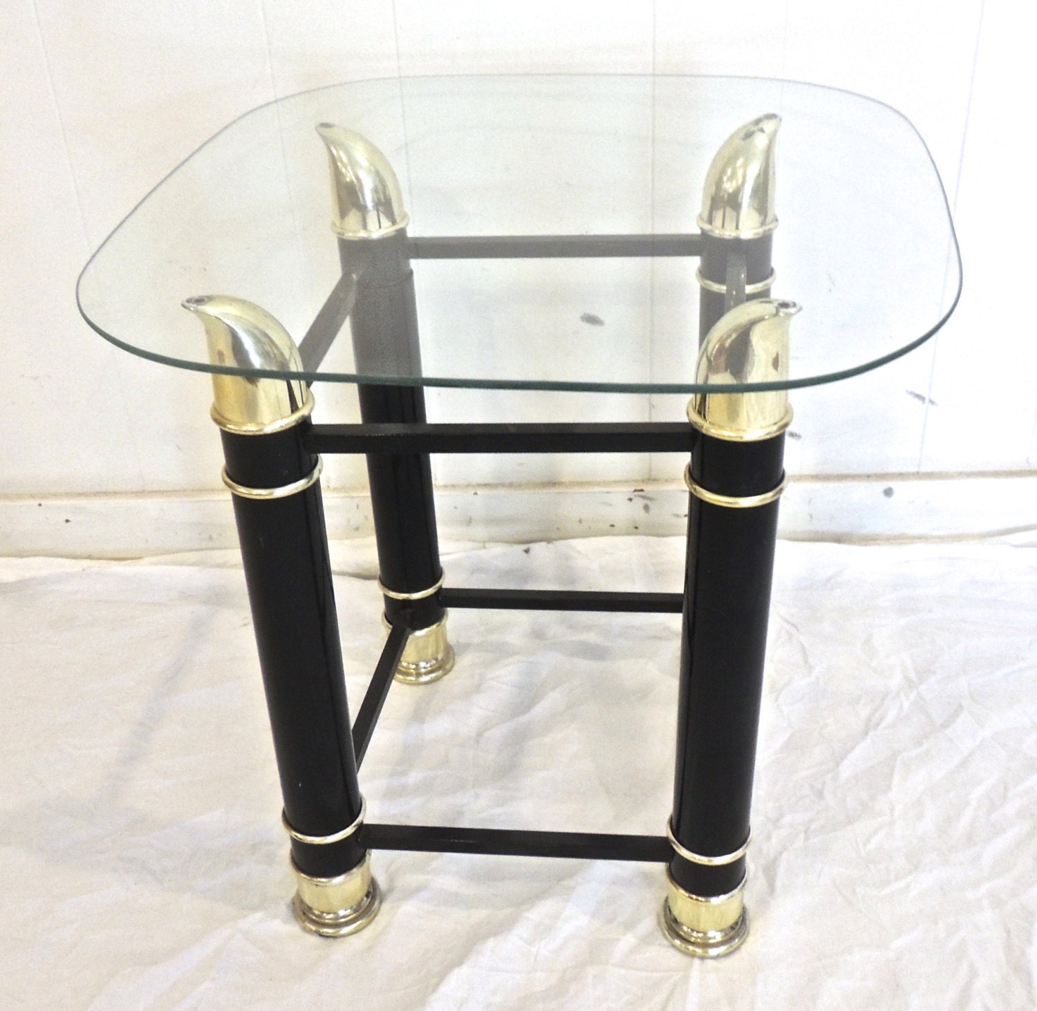 SALE vintage glasstop table 1970s mid century black/brass glass top