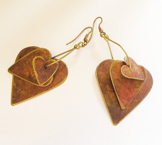 Rusted Metal Triple Heart Dangle Earrings By Eosophobish On Etsy