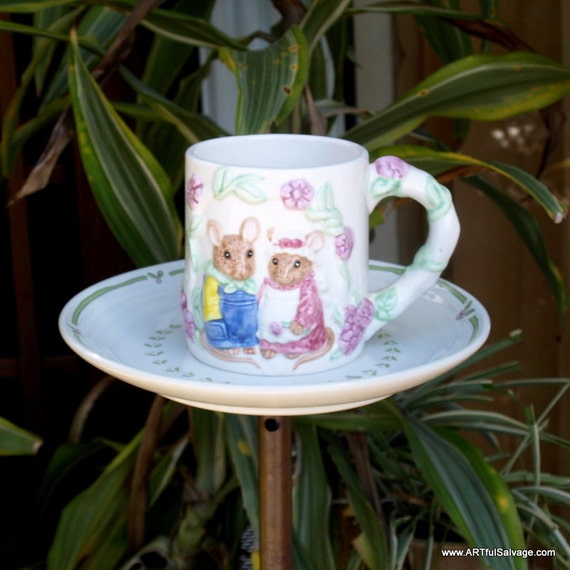 bird  feeder Feeder copper Mice vintage Mouse china  floral vintage Teacup  Bird Whimsy teacup