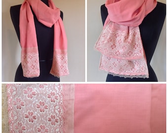 Handmade peach coral salmon with cream or lavender lace accents boho scarf for spring