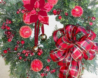 Lg Traditional Christimas Wreath, Holiday Wreath, Poinsettia, Jingle Bells, Flocked Greens with Berries, Large Plaid Bow