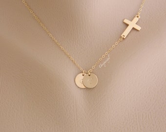 Mother Day Necklace, Sideway Cross Necklace, Custom TWO Initial Necklace, Religious Jewelry, Personalized Family Necklace, Mother Necklace