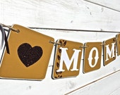 MOM Banner, mother's day banner, mother's day decoration, brown and gold, glitter heart banner, mother's day garland, spring decoration