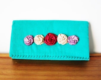 Teal Corduroy Trifold Fabric Wallet with Row of Rosettes
