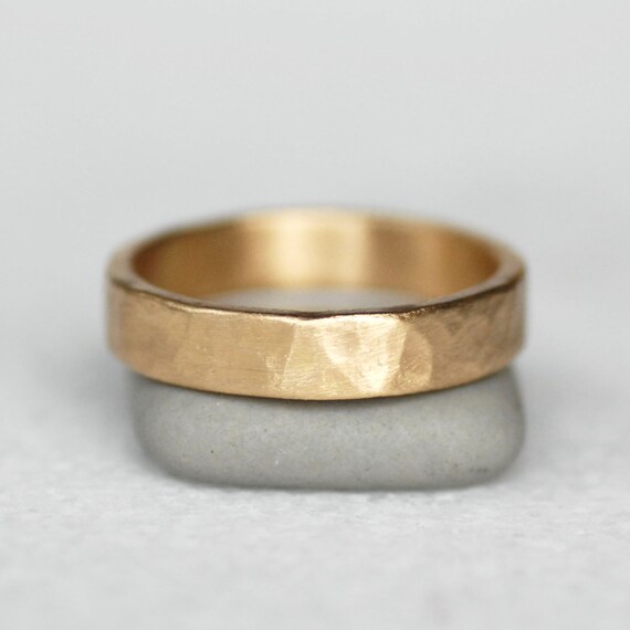 Wide Gold Hammered Band 4mm 14k Gold Wedding Ring Thick