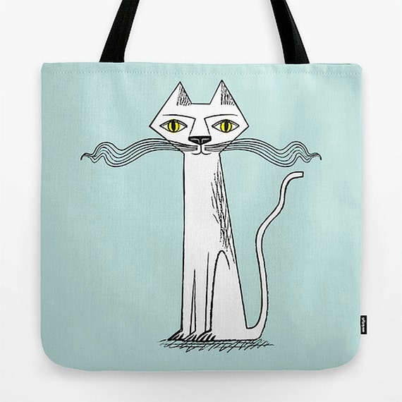 The Cat's Whiskers - light green - illustrated Tote Bag (18" x 18") by Oliver Lake - iOTA iLLUSTRATiON