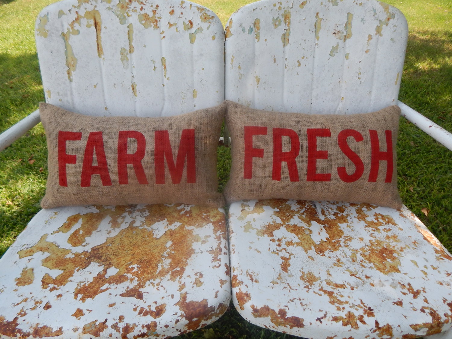 FARM FRESH Pair Burlap Pillows Harmhouse Country Decor Painted