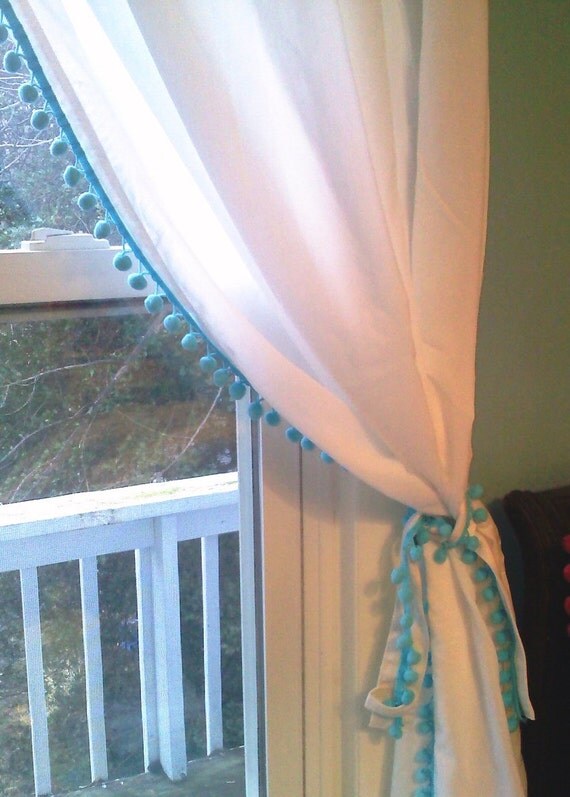 curtains pom with trim pom Trim Pom Curtain Blue White Pom Aqua by with ChesapeakeCottage