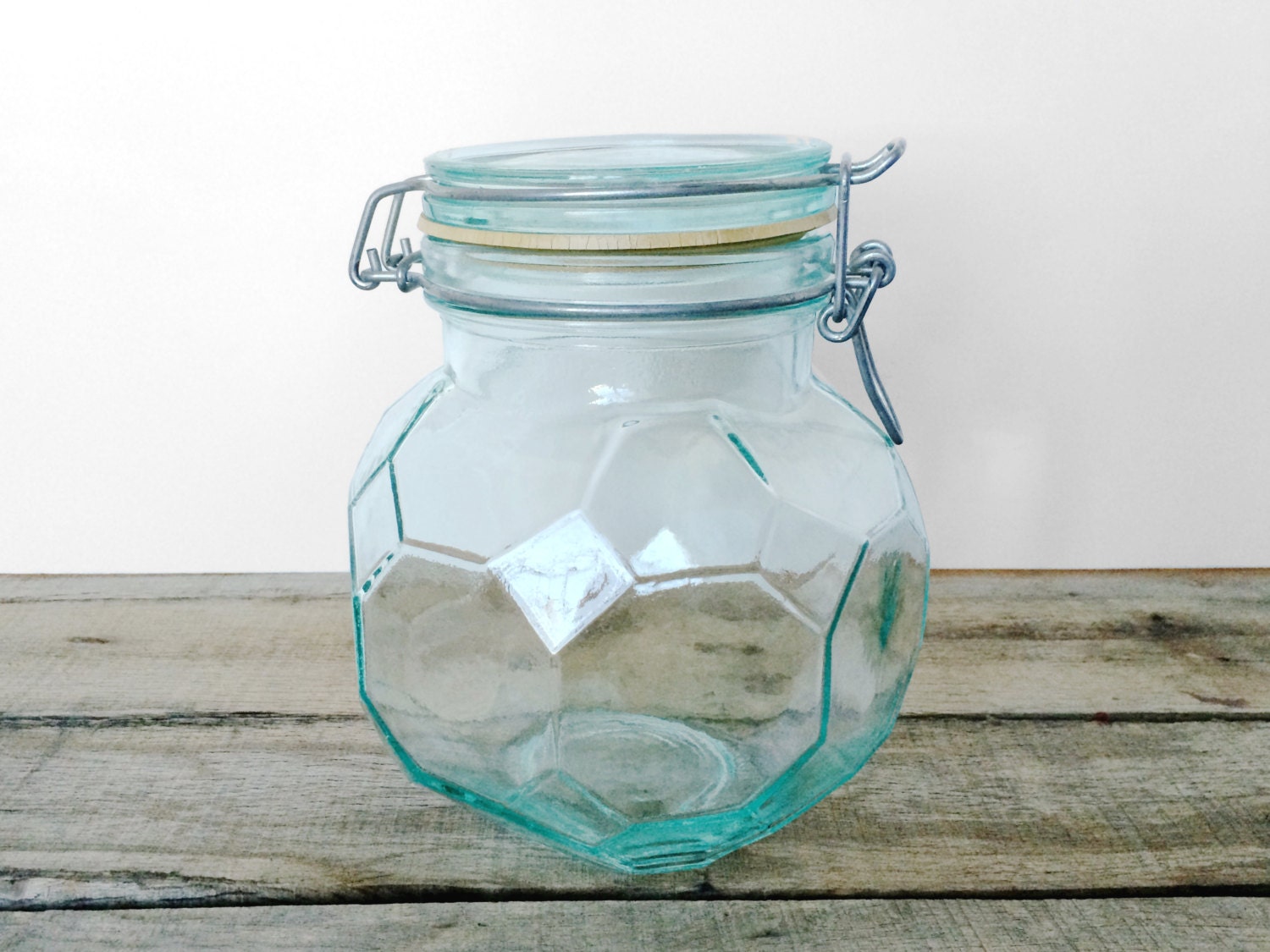 Vintage Hermetic Jar / Made in Italy / Faceted / Green Glass