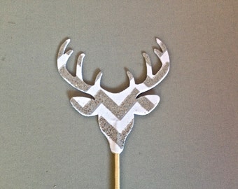 12 Silver Glitter Chevron Deer Head With Antlers Cupcake Toppers