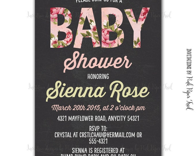 Shabby Chic Floral and Chalkboard Style Invitation v2 - Customizable Wordings - Printable - Wedding - Bridal Shower - Baby Shower