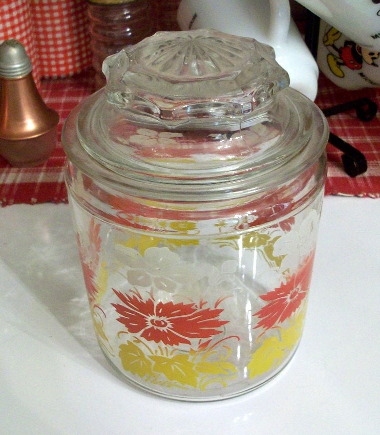 Vintage Anchor Hocking Glass Canister Red Yellow Flowers