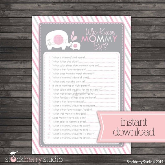 Elephant Baby Shower Who Knows Mommy Best Printable Game - Pink and Gray Baby Shower - Instant Download - Girl Baby Shower Game Il_570xn