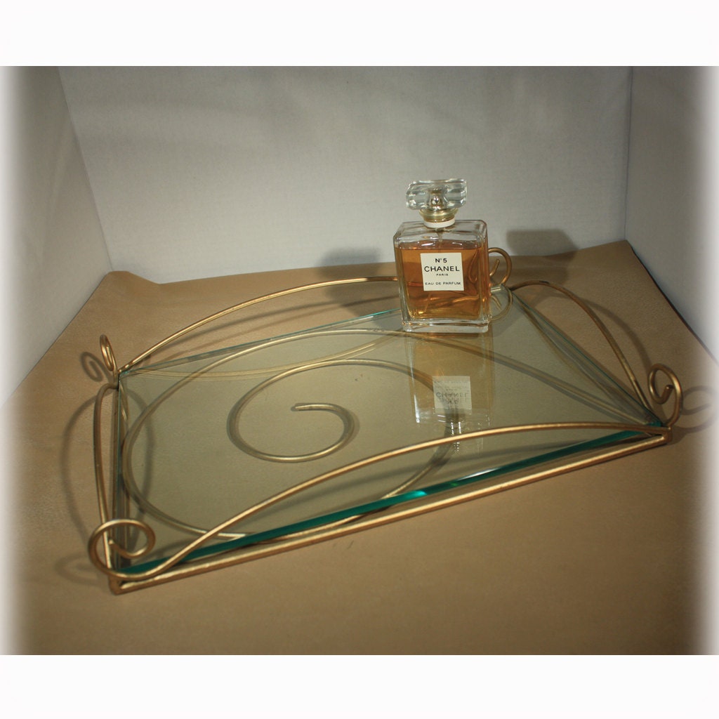 Dresser Tray Vanity Tray Brass Colored Art by JunkboxTreasures