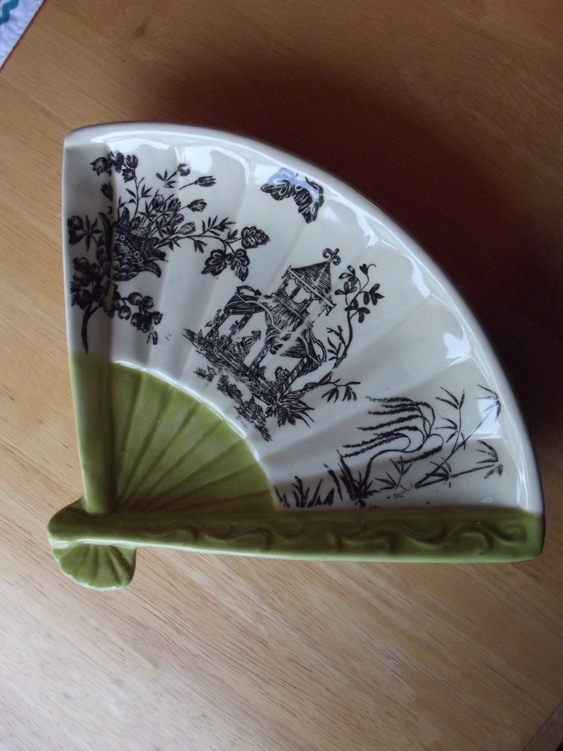 Unusual vintage serving bowl or dish shaped like a fan willow pattern and chartreuse green