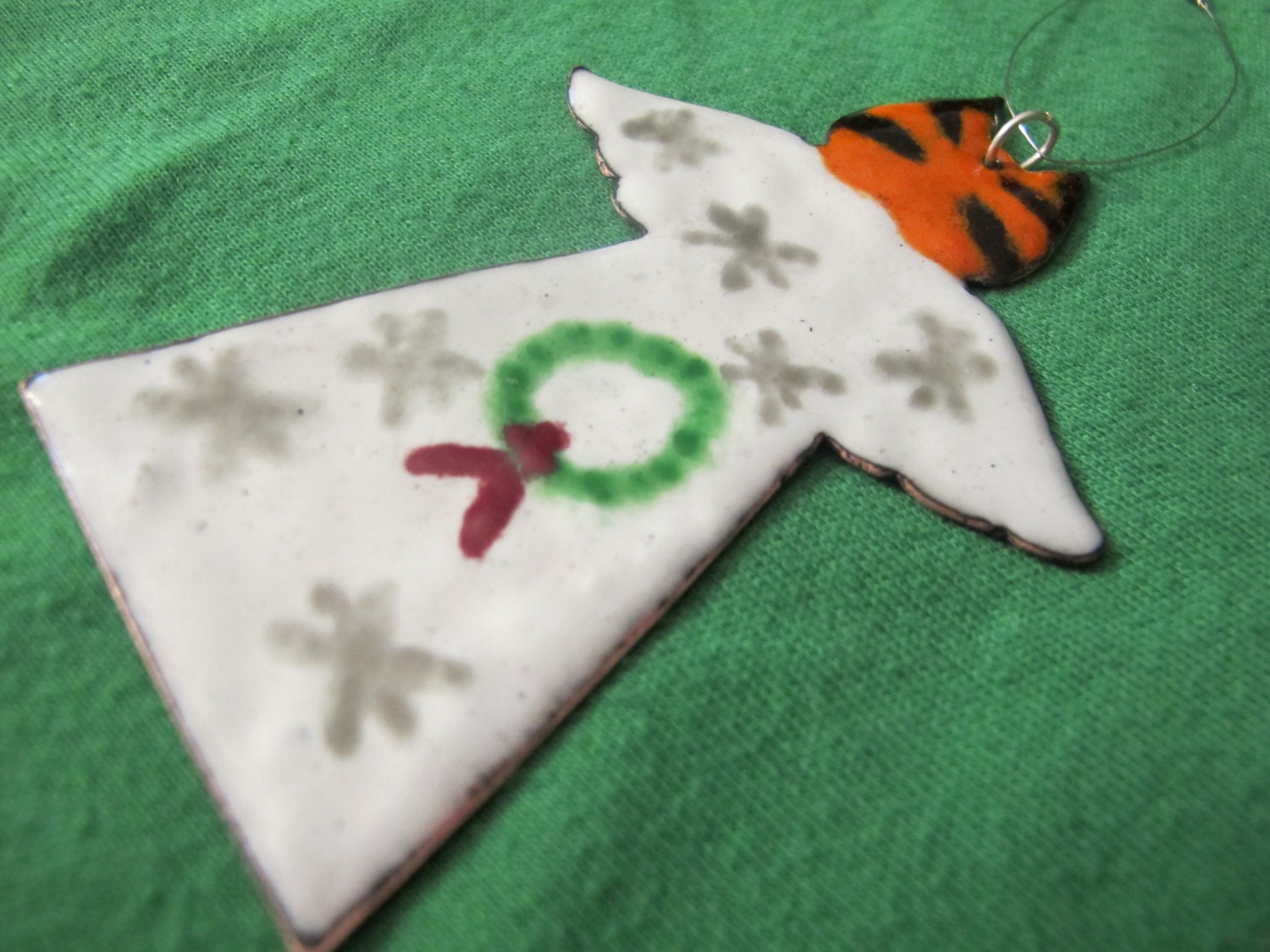 Christmas ornament handmade enamel angel cat decoration, ginger tabby cat, one of a kind