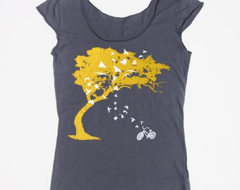 Womens birds bicycle and tree t shirt -american apparel asphalt gray boat neck- available in s,m, l, xl WorldWide Shipping