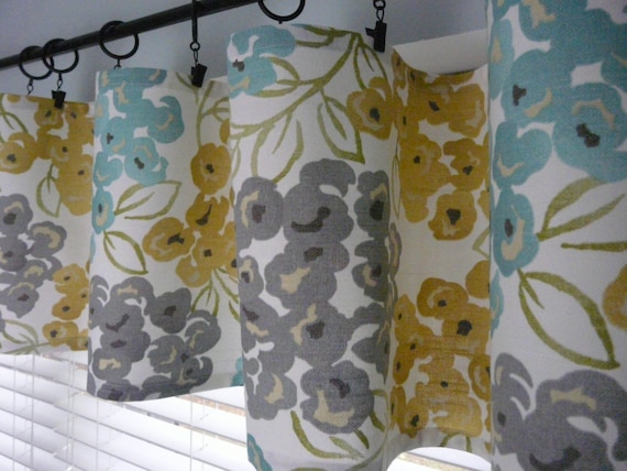 Turquoise Grey Flat Curtain Yellow Gold Valance or Runner - Turquoise, Grey Flat Curtain, Yellow Gold Valance or Runner for the  Kitchen, Teal