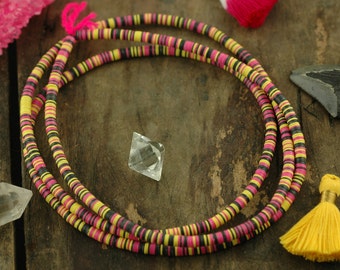 Pink Lemonade : African Vinyl Record Disc Beads, Pink, Yellow, Black Heishi, 4x.5mm / Bright Neon Fashion, Jewelry Making Supplies