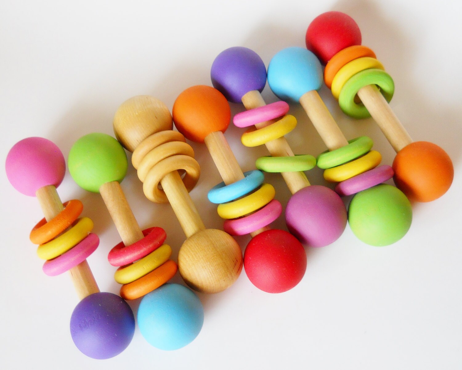 Wooden Baby Rattle Teething Toy Bright Colors Waldorf Toy