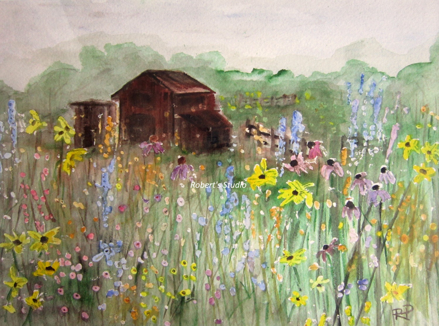 Field Of Flowers Print of Original Watercolor Painting barn