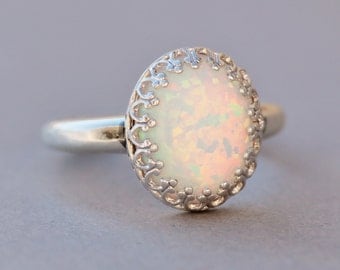 Sterling Silver Lab Created Opal Ring,White Opal Ring,Silver Crown Setting,Lab Created Synthetic Opal,October Birthstone,Opal Jewelry