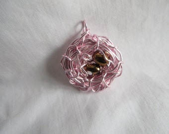 Pink Bird's Nest Pendant with Bronze Eggs, necklace, pendant, eggs, birds nest