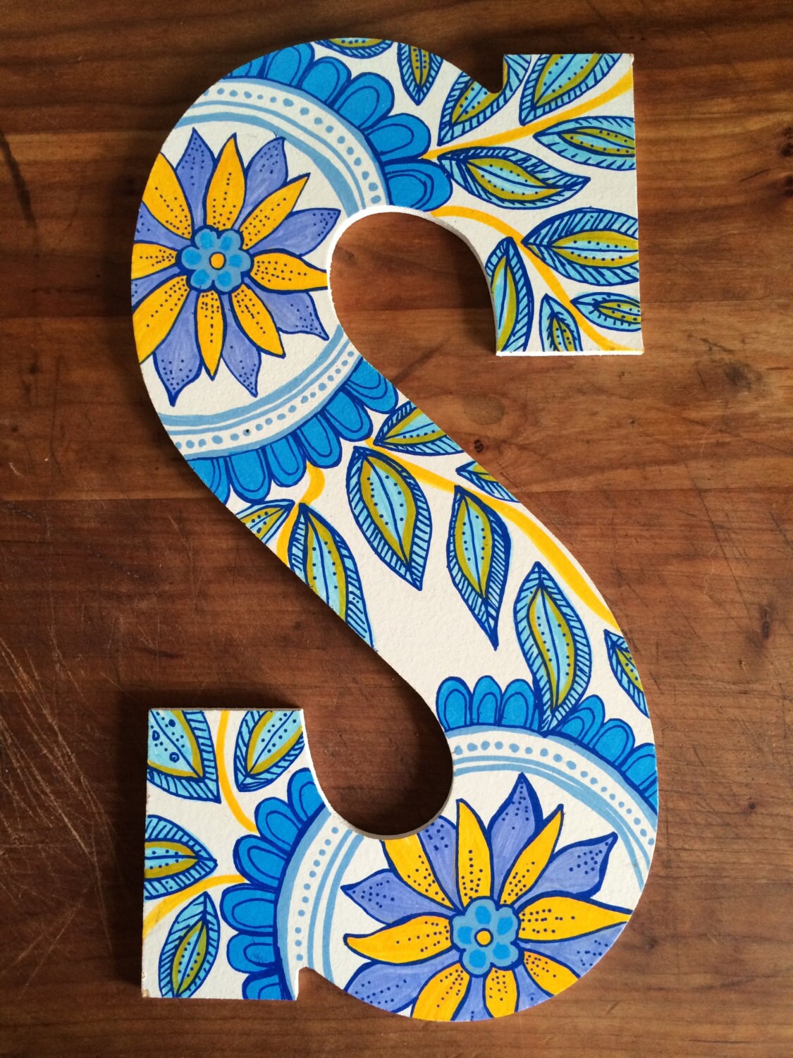 Bohemian Letter S and Painted Blues and Yellow Custom Initial