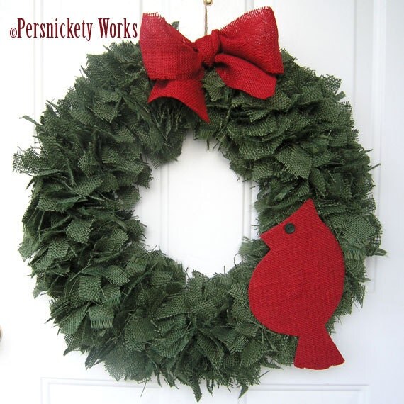 Red and Green Burlap Wreath with Cardinal 20" Ready to Ship