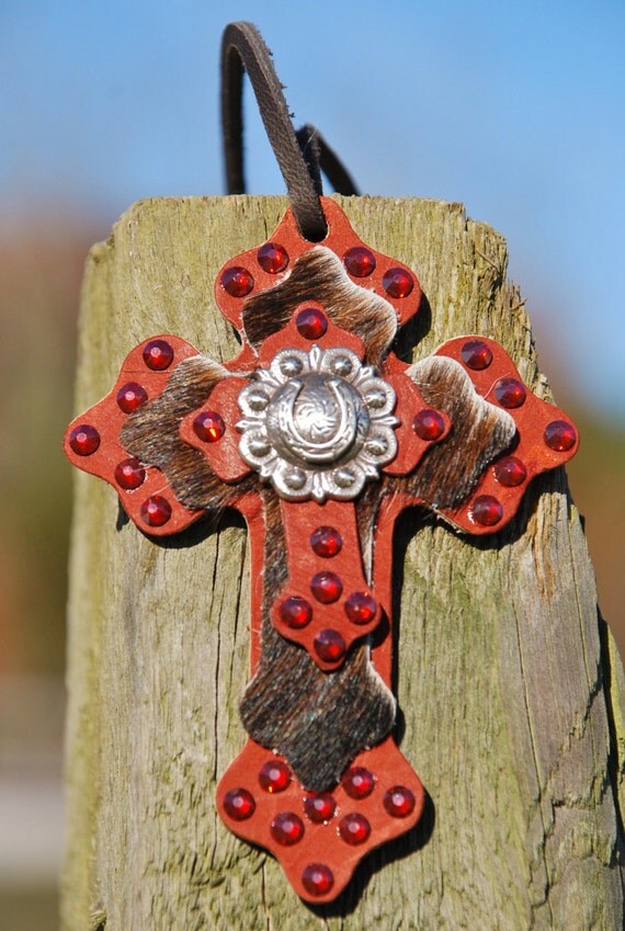 Leather and Cowhide Saddle Tie On Cross with by SolisOccasusBling