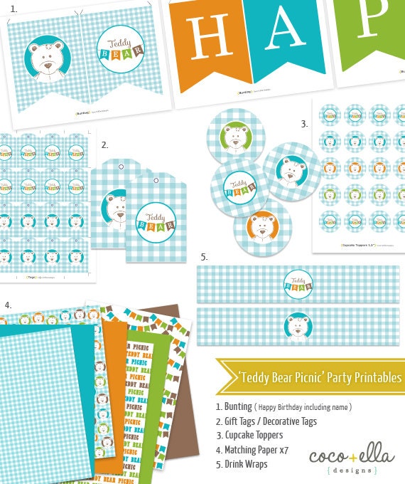 Printable Birthday Party Collection Template - 'Teddy Bear's Picnic' Il_570xn